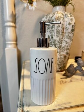 Rae Dunn White Ceramic 'SOAP' Pump Dispenser with Chrome Top